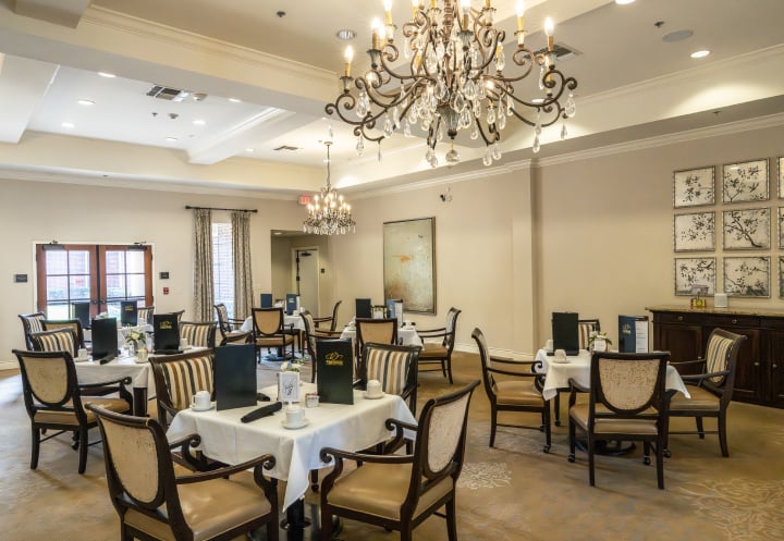 Chandelier Lit Dining Hall at Independent Living Facility Chandelier Lit Dining Hall at Independent Living Facility