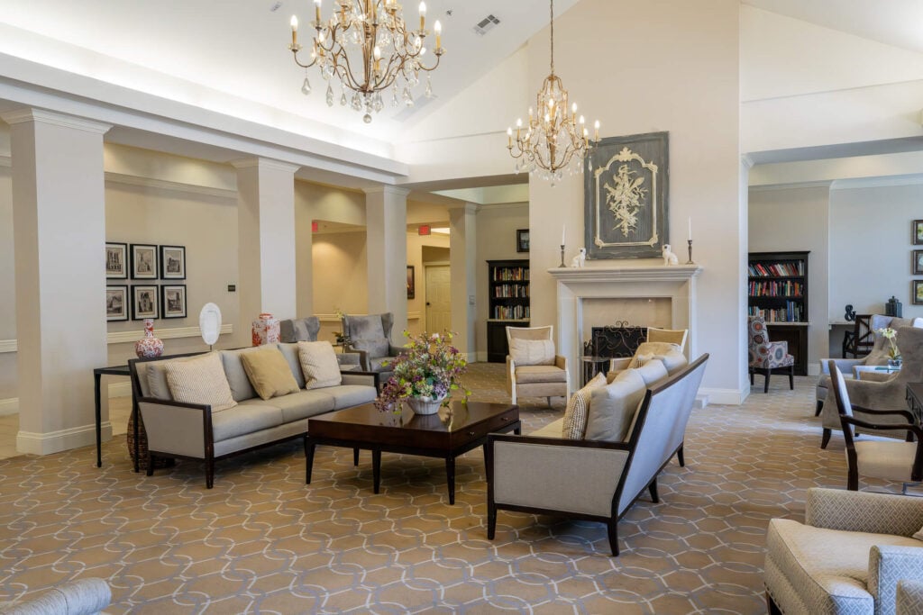 Grand Lounge With Fireplace at Independent Living Facility